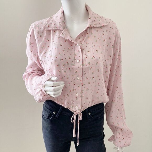 Brandy Melville Pink Tie Bottom Cropped Button Down Cherry Blossom Floral Print - Picture 1 of 5